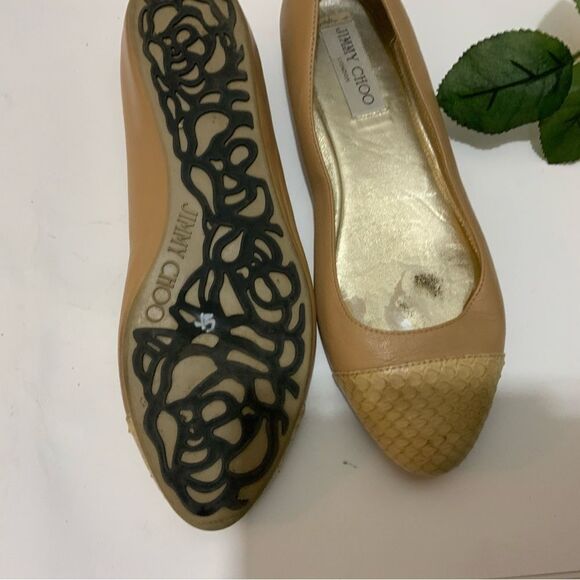JIMMY CHOO Nude Leather & Python Cap Toe Ballet Flats Neutral Size EU 37.5, US 7 - Picture 8 of 16
